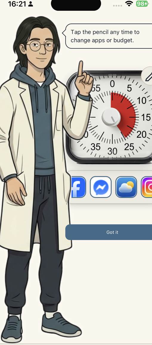 The daily budget screen in Otto's App Blocker for iPhone, a timer counting down the minutes left in the apps you chose