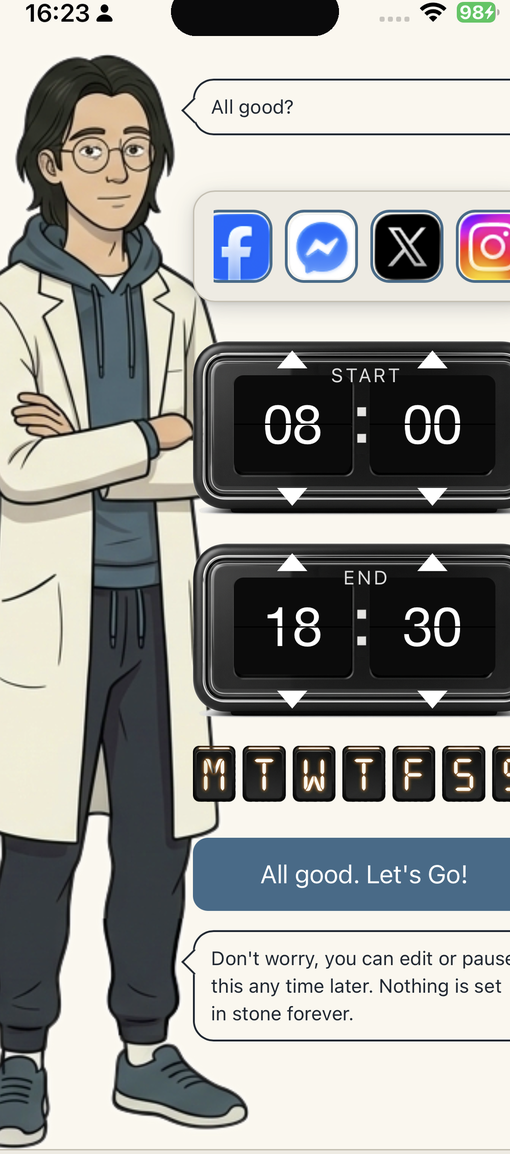 The hard mode screen in Otto's App Blocker for iPhone, with a start and end time set for a scheduled block