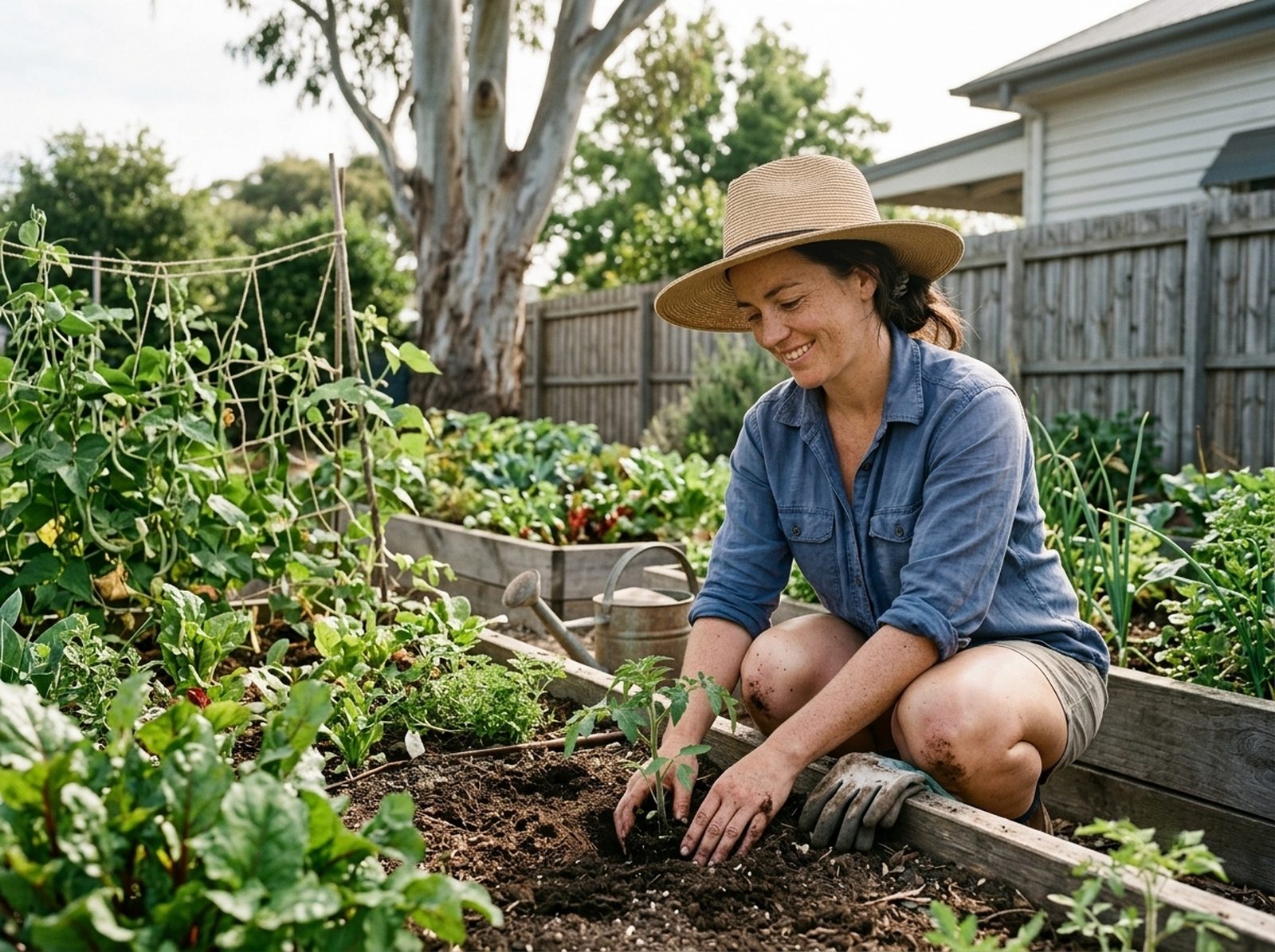 A woman gardening in the morning light