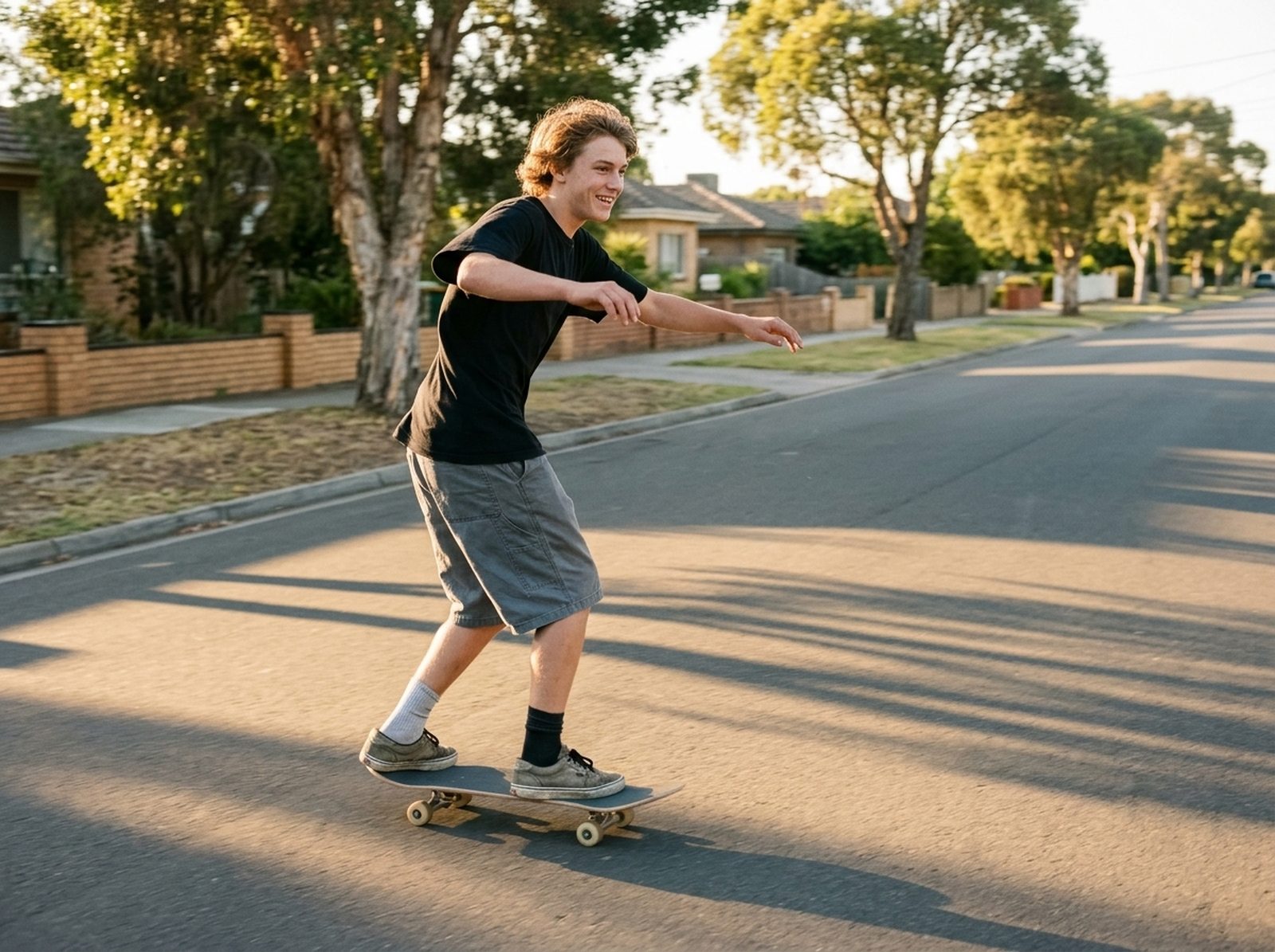 A teenager skateboarding as the light goes