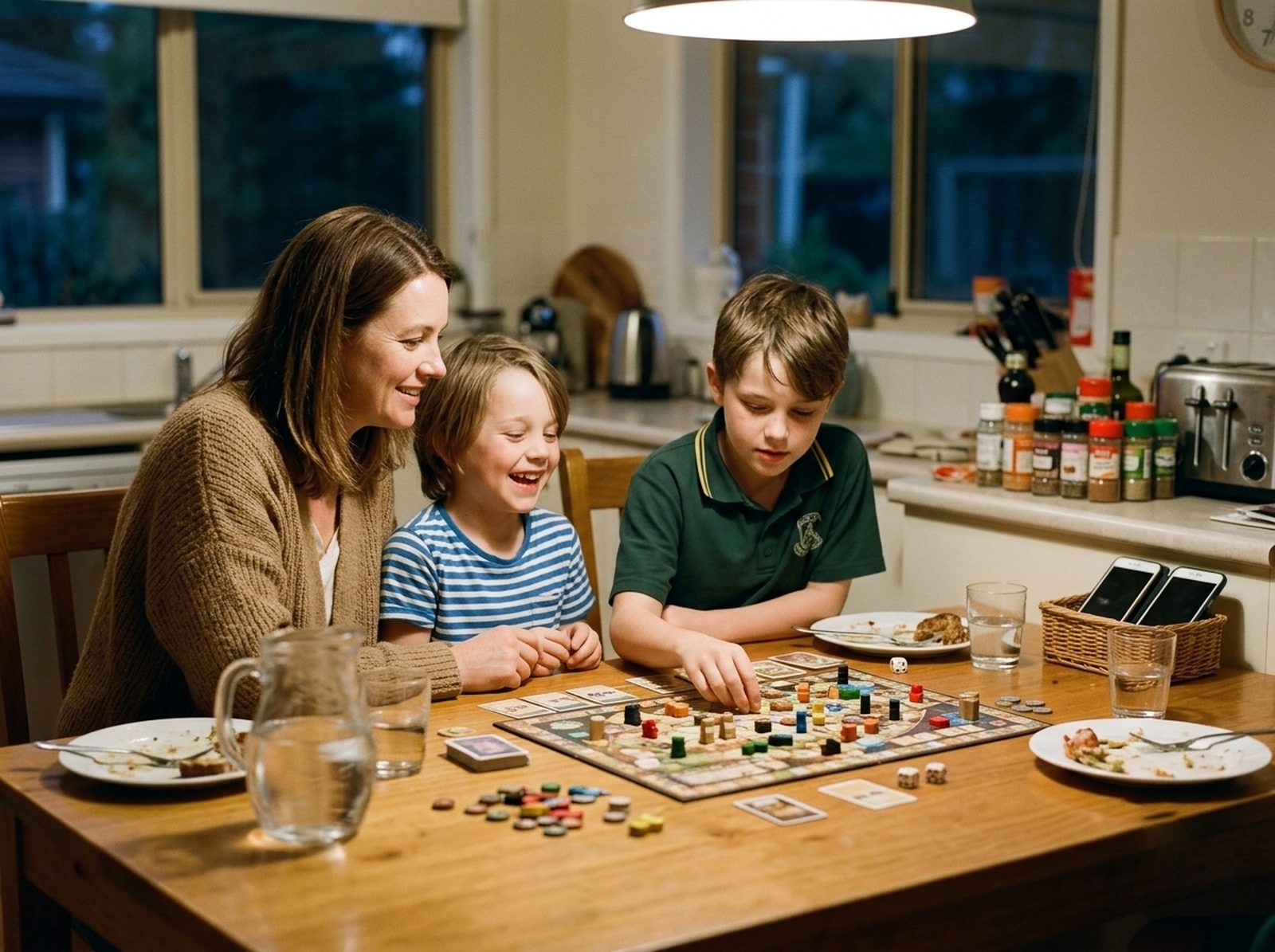 A family eating together with three phones in a basket on the bench