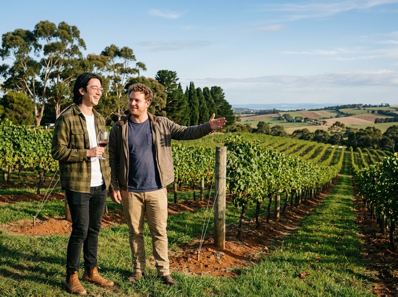 Otto walking through a vineyard with a friend