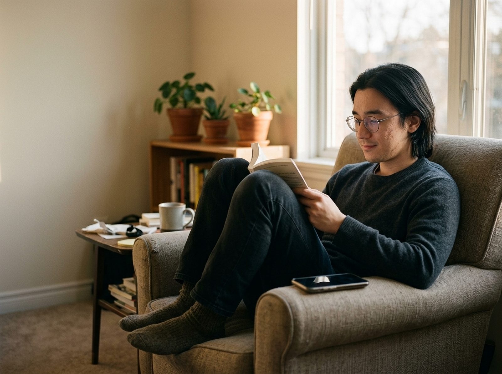 Otto reading a book in an armchair