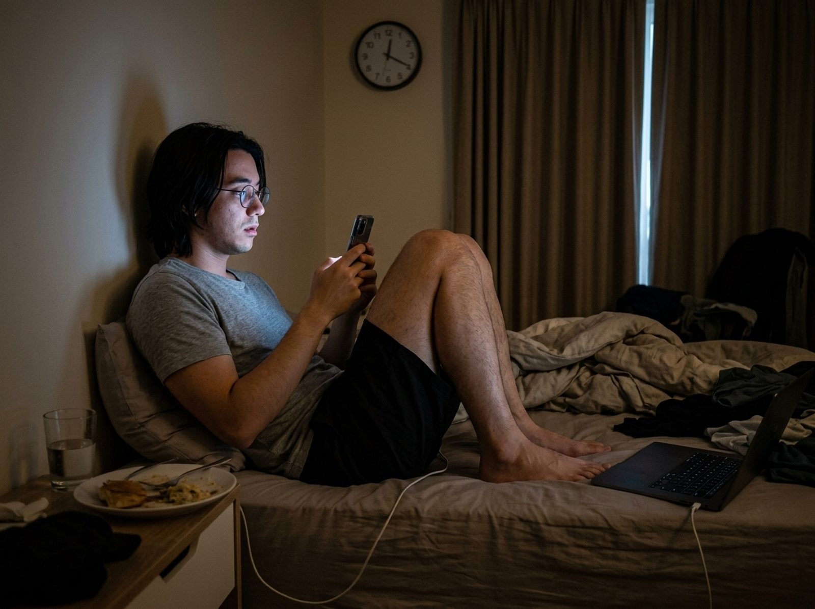 Otto lying in bed at night, his face lit by the phone screen