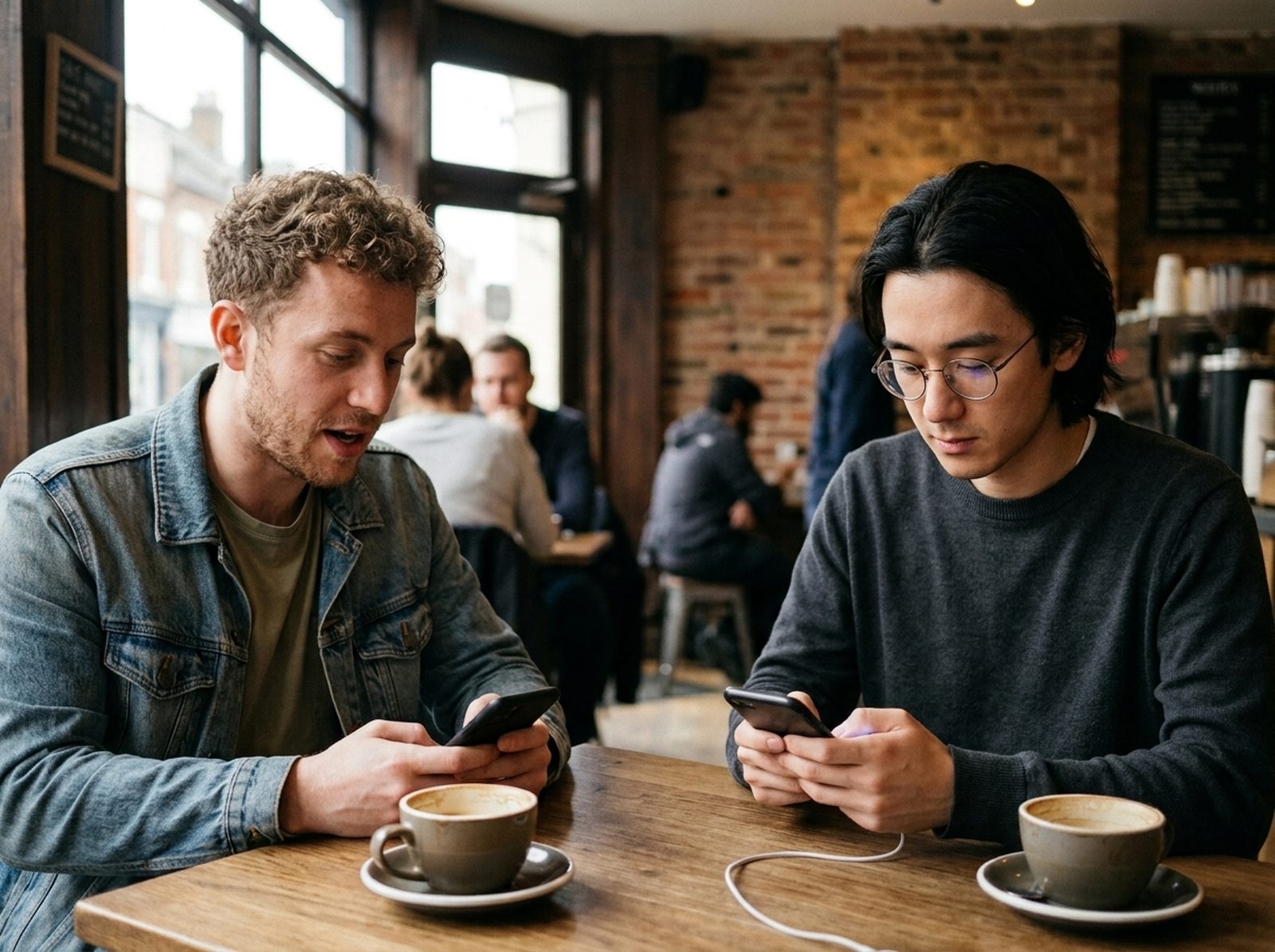 Otto at a cafe table with a friend, looking down at his phone instead