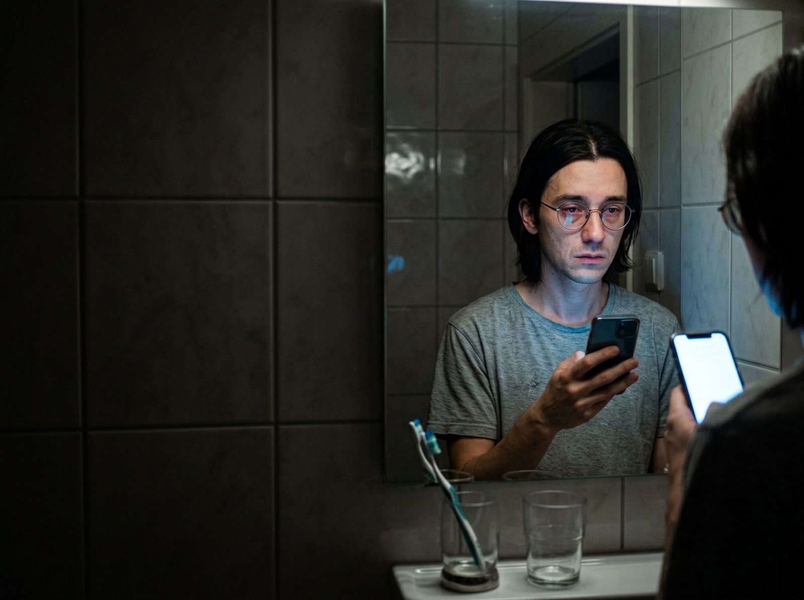 Otto in the bathroom mirror at half past one in the morning, phone still in his hand