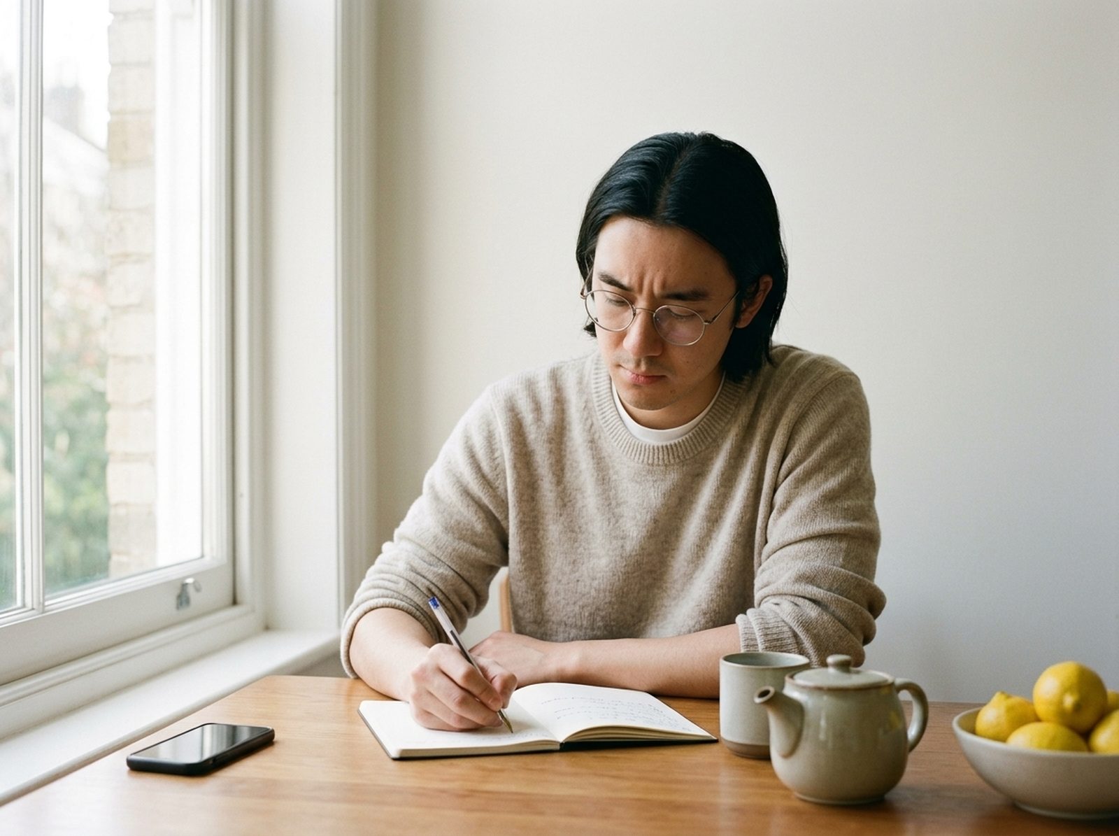 Otto writing in a notebook with his phone at the far end of the table
