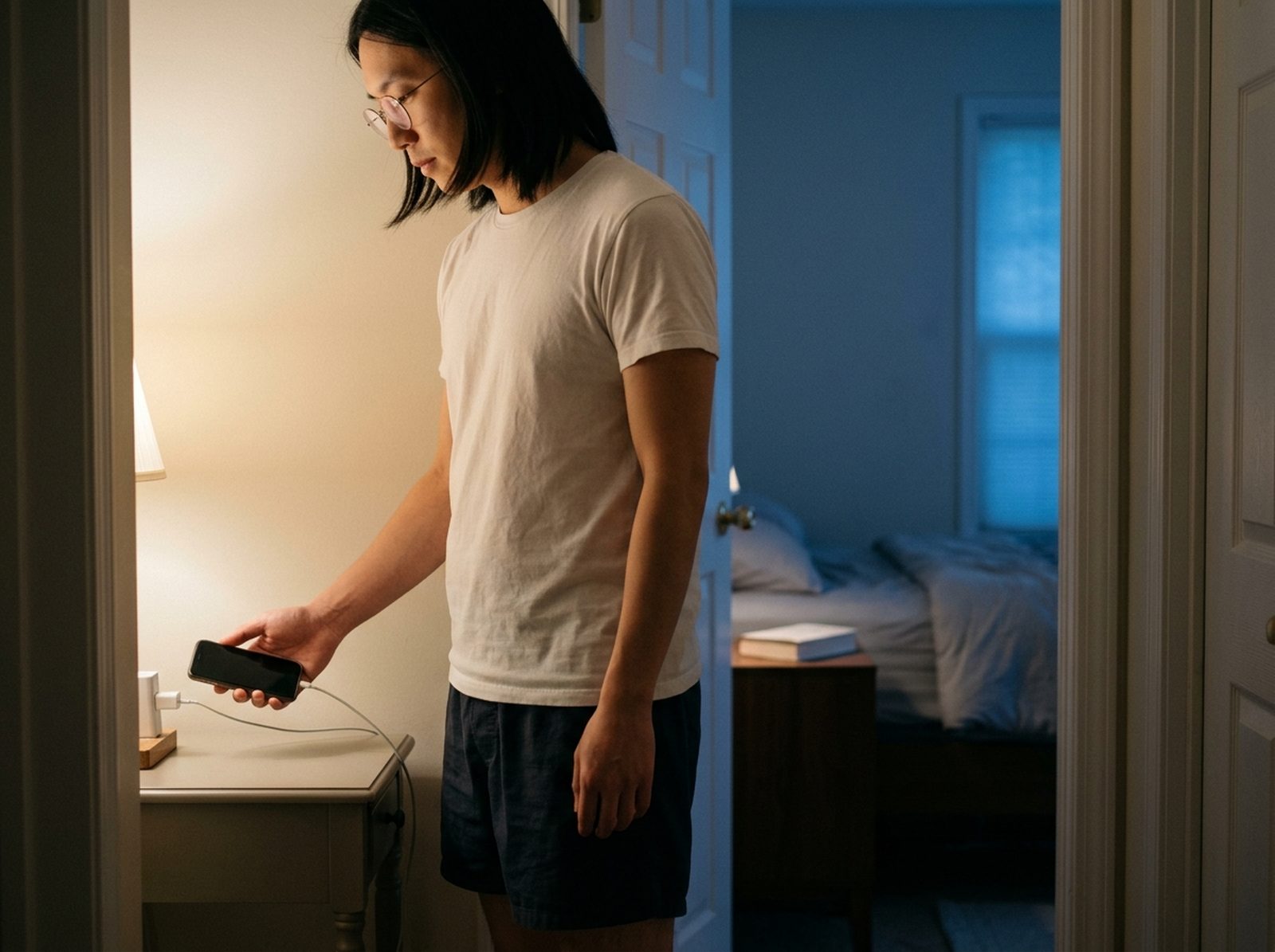A phone charging on a hall table, away from the living room